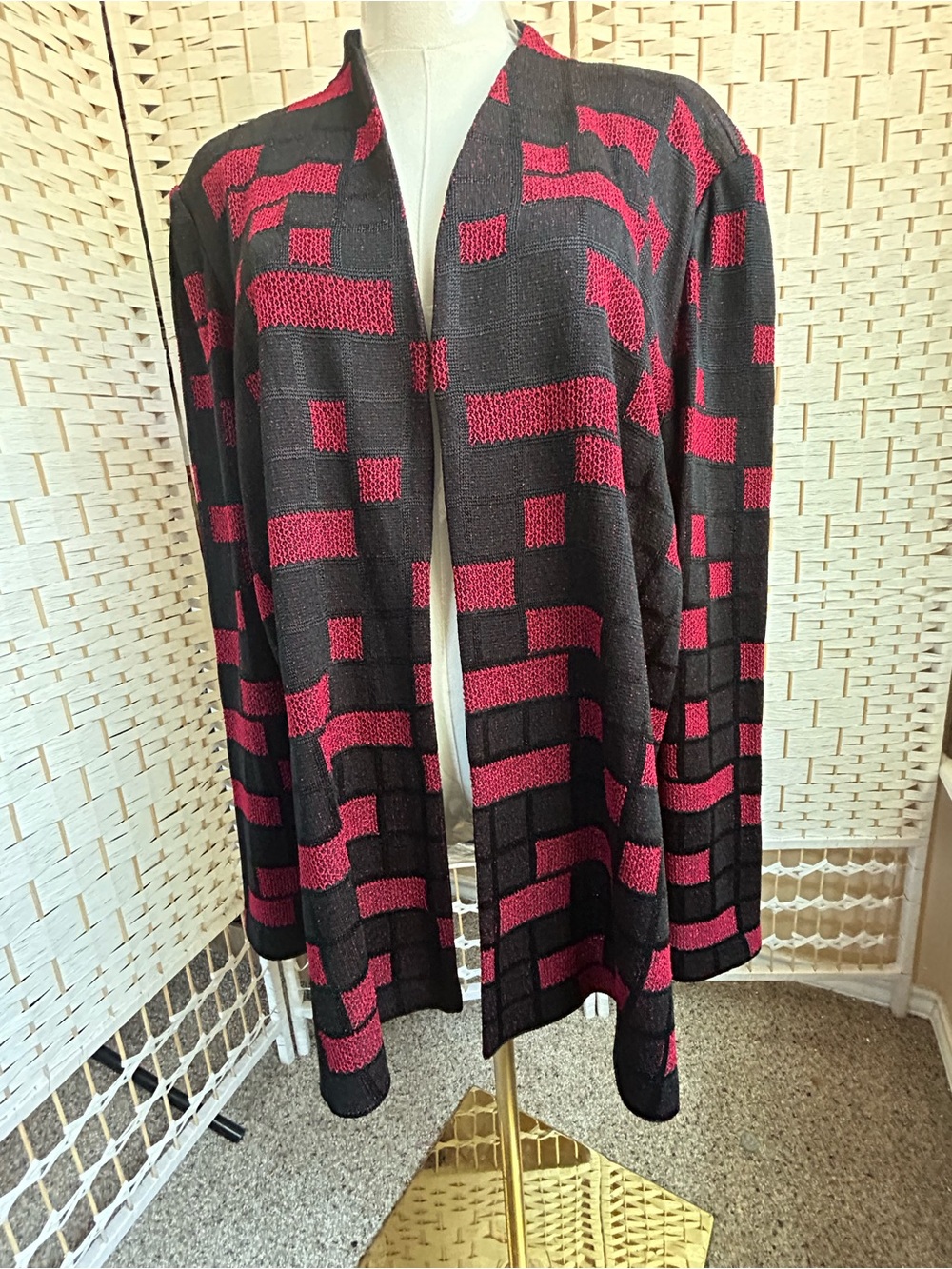 MING WANG Woman 1X Cárdigan Sweater Top Open-Front Black Raspberry Geometric